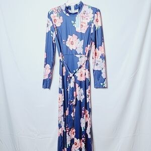 NWT Cupshe floral blue waist tie belt long sleeve maxi dress sz M